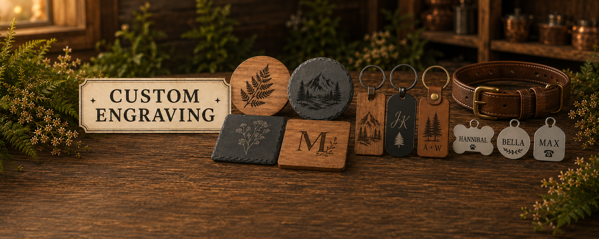 Custom engraving workshop products display